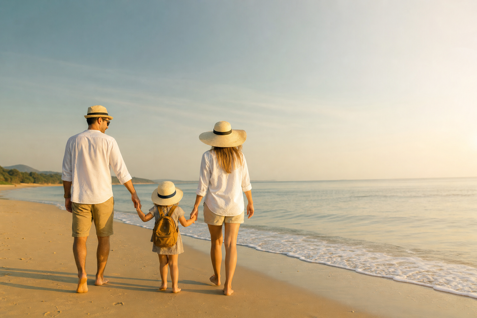 Família numa praia calma durante férias