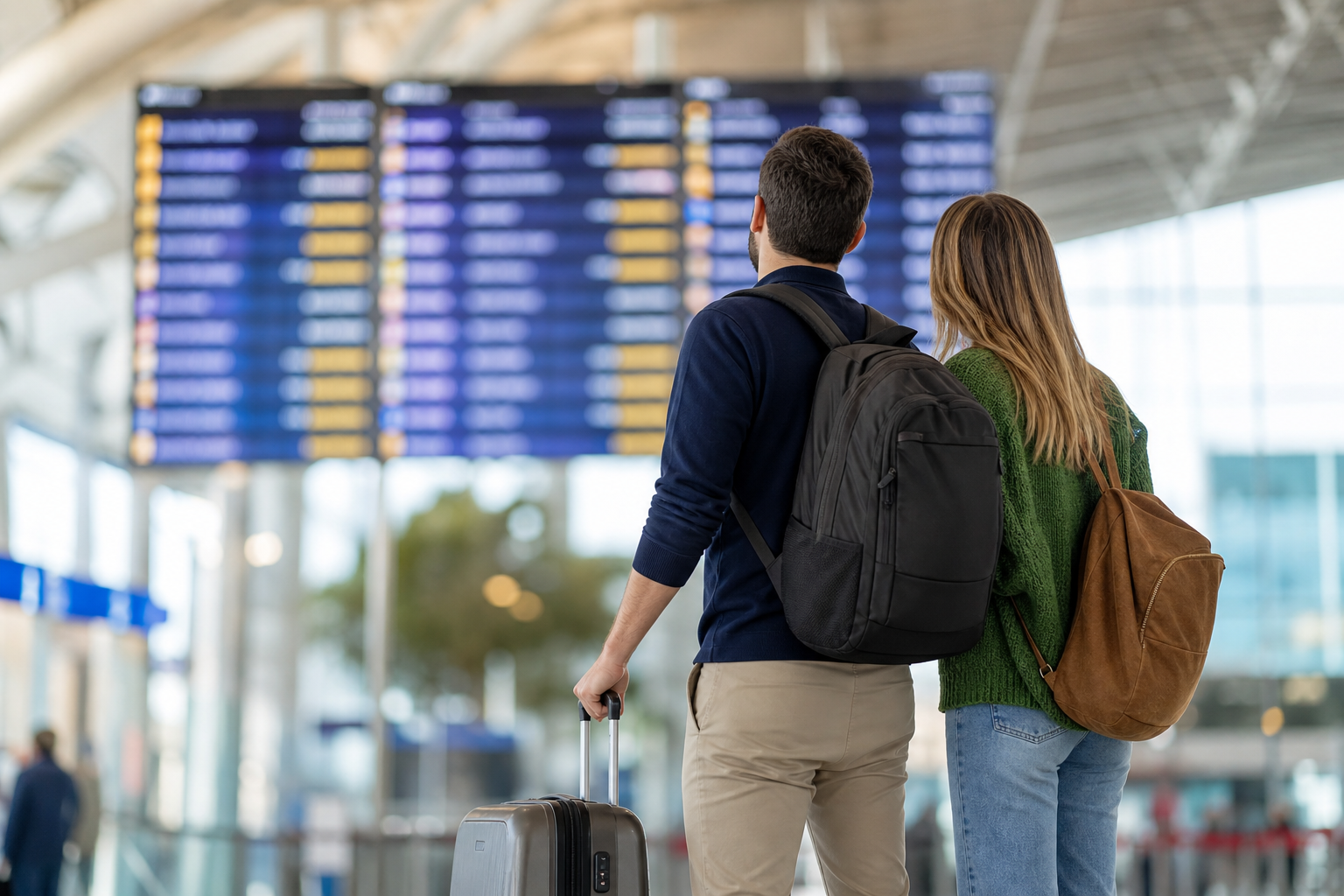 Casal no aeroporto com viagem espontânea