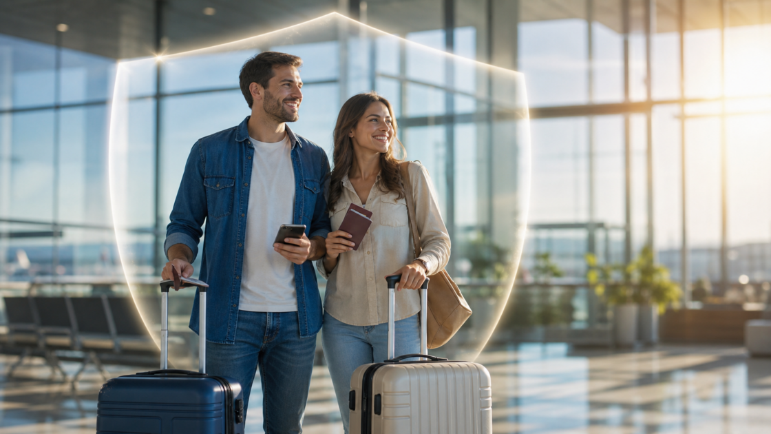 Casal a viajar com malas, simbolizando férias seguras com seguro de viagem